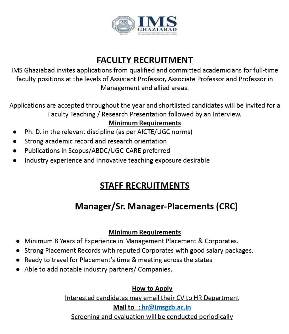 Career Opportunities at IMS Ghaziabad
